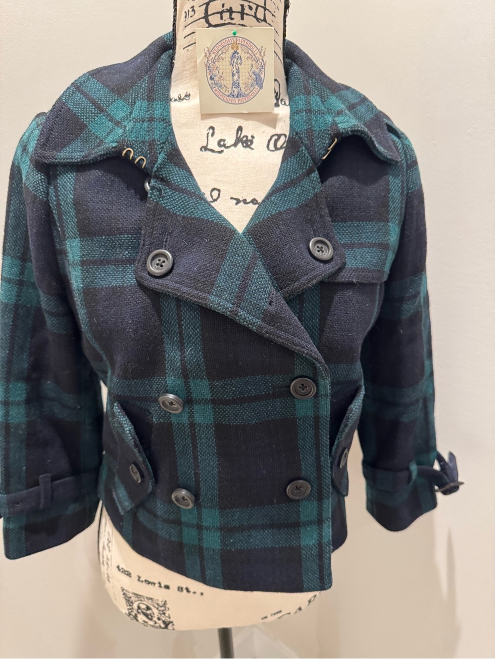 Rare Vtg J.Crew Wool Jacket Cropped Green Black Watch Plaid Peacoat 89712 sz 0 - Picture 2 of 12